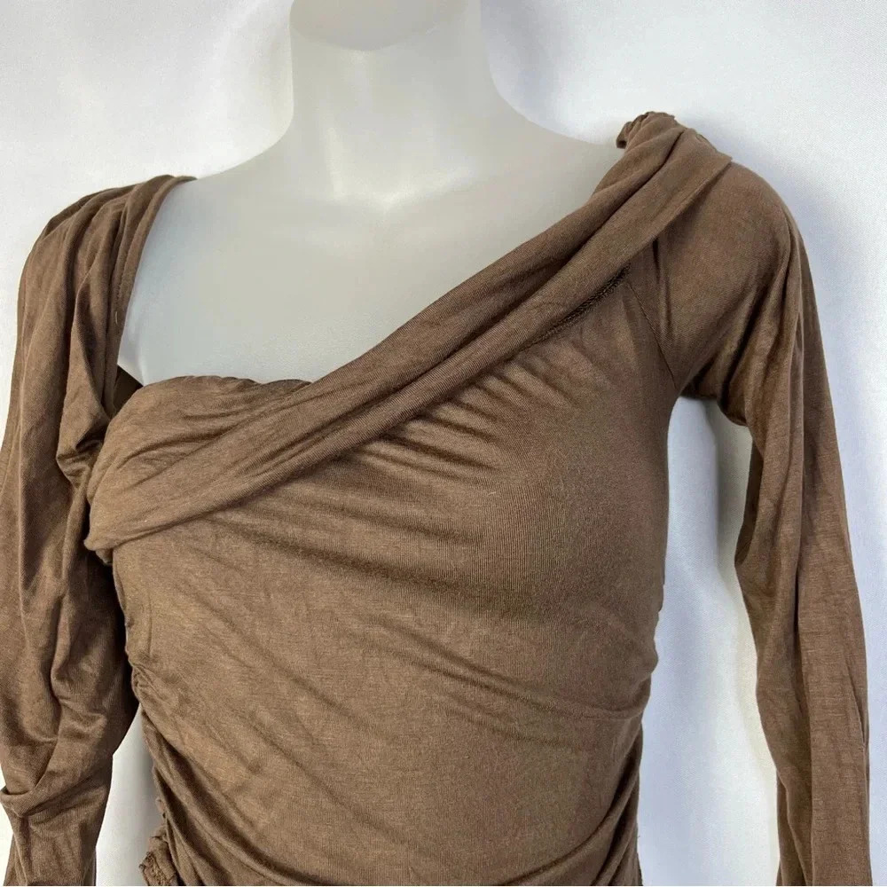 Fashion Nova Dark Brown One Shoulder Fitted Long Sleeve Top S - Picture 3 of 3